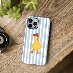 Cute Duck Phone Case, Striped iPhone Case Yellow Duck in Hat, Duck Animal Cover, Funny Minimalist Design, Blue Striped Denim Duck Phone
