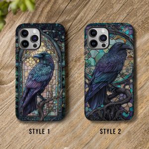 Gothic Raven Stained Glass Phone Case Spooky Crow Art Cover