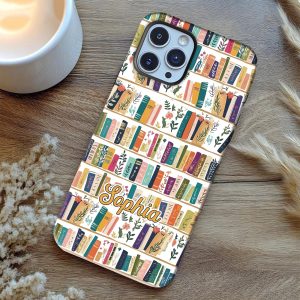 Personalized Vintage Bookshelf Library Pottery Phone Case Book Lover Gift, Floral Bookish Gifts For Reader, Reading Phone Cover, Book Gift