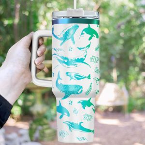 Shark Engraved Tumbler 40oz, 40oz Engraved Ocean Cup with Handle, Sea Lover Tumbler For Her, Sea Life Lover Gift, Whale Shark and Ocean